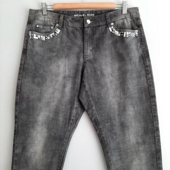 MICHAEL KORS / Jewelled Gem Pocket Cropped Skinny Jeans Grey Sz 10 - Picture 3 of 11
